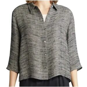 Women's Eileen Fisher Gauzy Jacquard Black Linen Blend Button Shirt 3/4 Sleeve L
